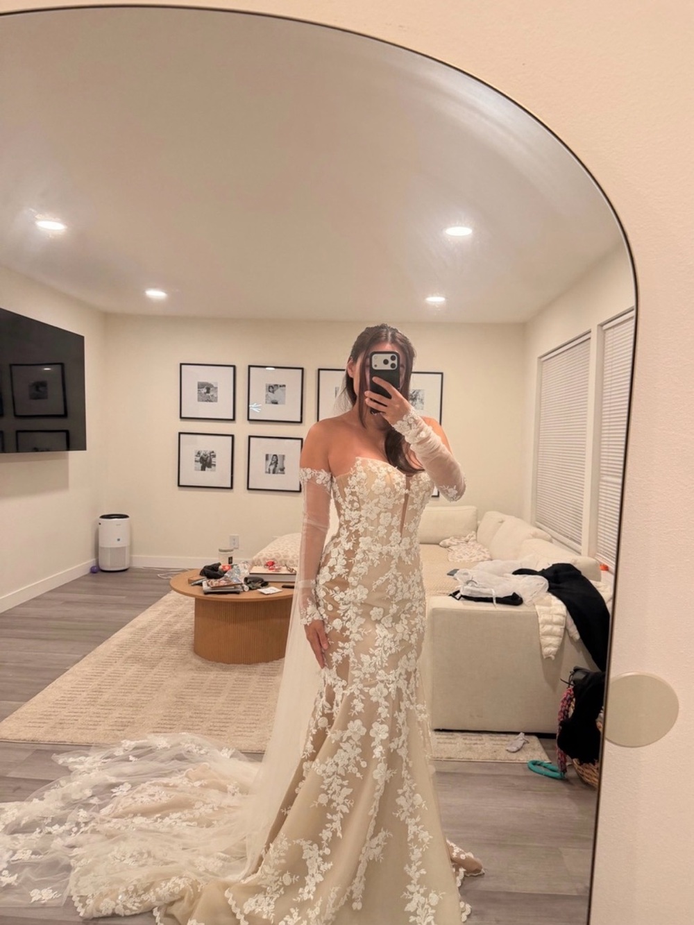 Elegant Nude and White Lace Off-Shoulder Wedding Dress